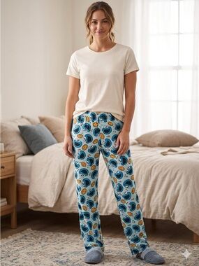 Women's Cookie Monster Pajama Pants Lounge Blue Medium Lightweight Sesame Street